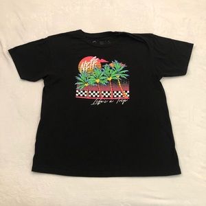 Neff Lifes A Trip Palm Trees Smiley Faces Black Short Sleeve Skate Shirt Mens L.